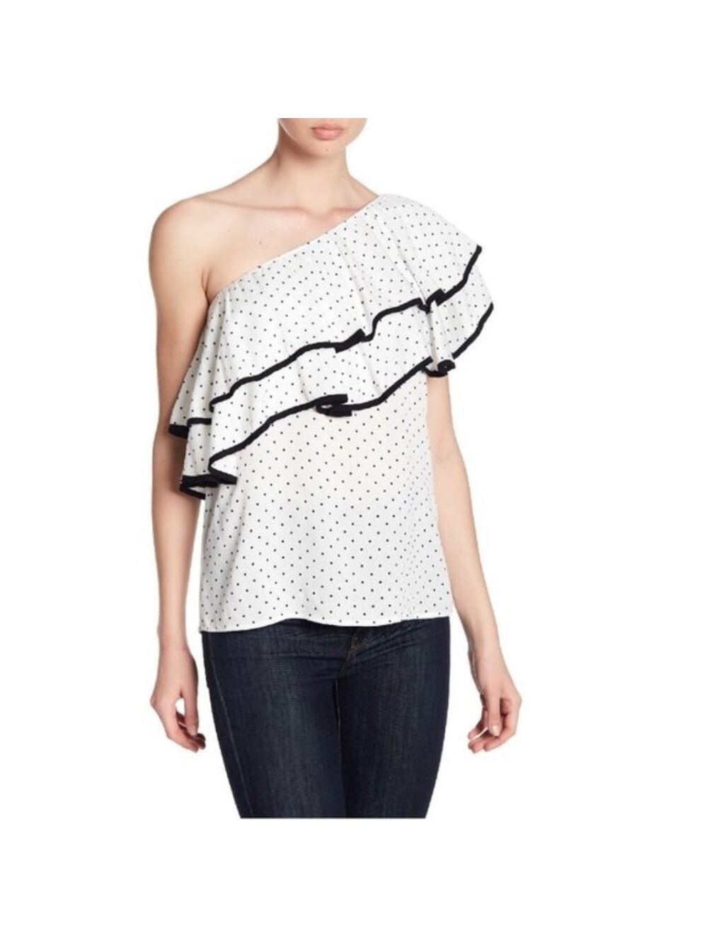 Ro & De Polkadot One Shoulder Ruffle Blouse